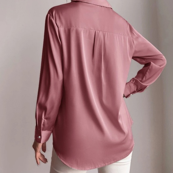 Satin silky button up collared shirt dusty pink - Picture 3 of 12